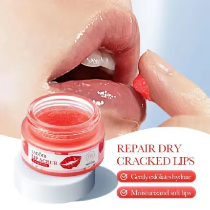 SADOER Strawberry Lip Scrub , Gently exfoliates, Diminishes Lip Lines, Removes Dead Skin, Moisturizes, Brightens Lip Color, Soft Pink Lips, Exfoliating Fruit Series 1