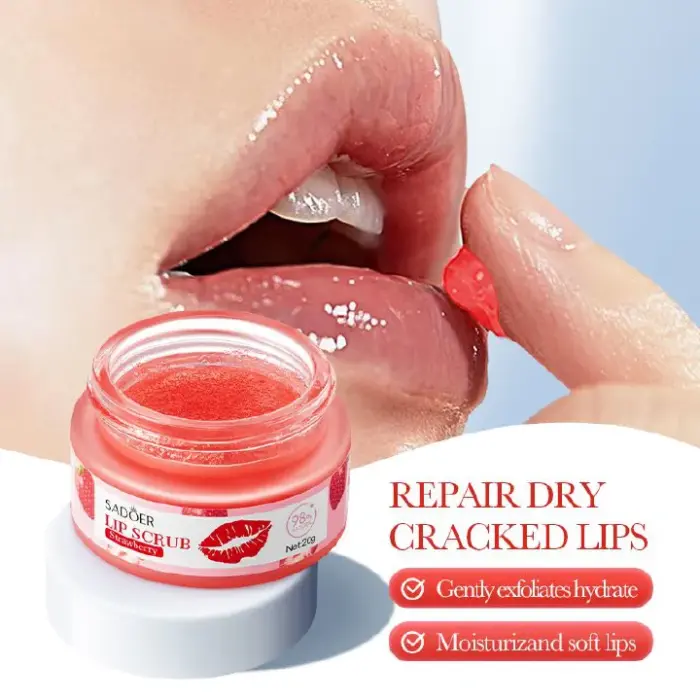 SADOER Strawberry Lip Scrub , Gently exfoliates, Diminishes Lip Lines, Removes Dead Skin, Moisturizes, Brightens Lip Color, Soft Pink Lips, Exfoliating Fruit Series 1
