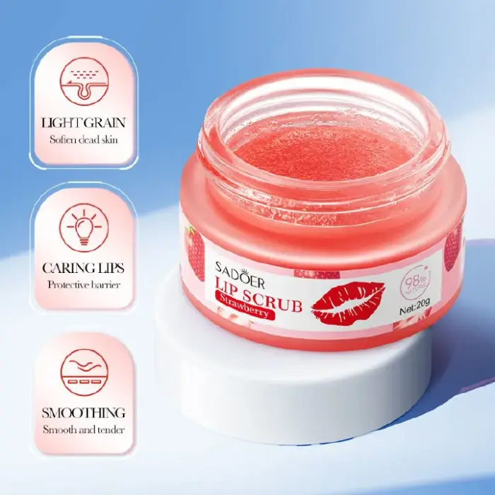 SADOER Strawberry Lip Scrub , Gently exfoliates, Diminishes Lip Lines, Removes Dead Skin, Moisturizes, Brightens Lip Color, Soft Pink Lips, Exfoliating Fruit Series 2