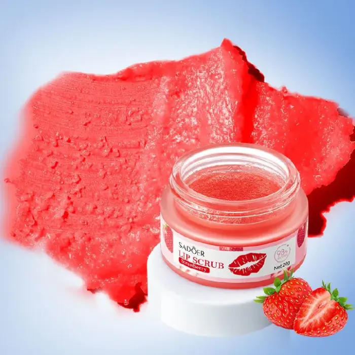 SADOER Strawberry Lip Scrub , Gently exfoliates, Diminishes Lip Lines, Removes Dead Skin, Moisturizes, Brightens Lip Color, Soft Pink Lips, Exfoliating Fruit Series 3