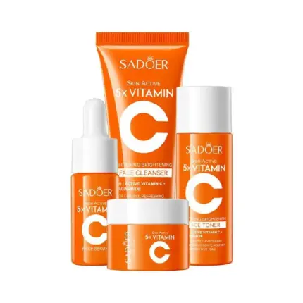 4Pcs SADOER 5x Vitamin C Skincare Travel Set for travelling, With Facial Cleanser, Toner, Serum, & Face Cream, Moisturizing Face Skin Care Kit for Anti-Aging, Anti-Wrinkle, whitening Brightening