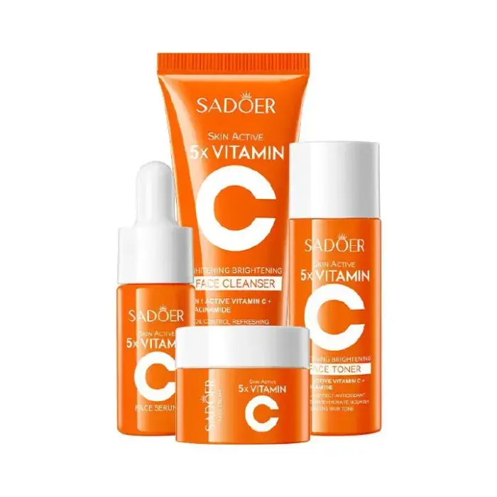4Pcs SADOER 5x Vitamin C Skincare Travel Set for travelling, With Facial Cleanser, Toner, Serum, & Face Cream, Moisturizing Face Skin Care Kit for Anti-Aging, Anti-Wrinkle, whitening Brightening