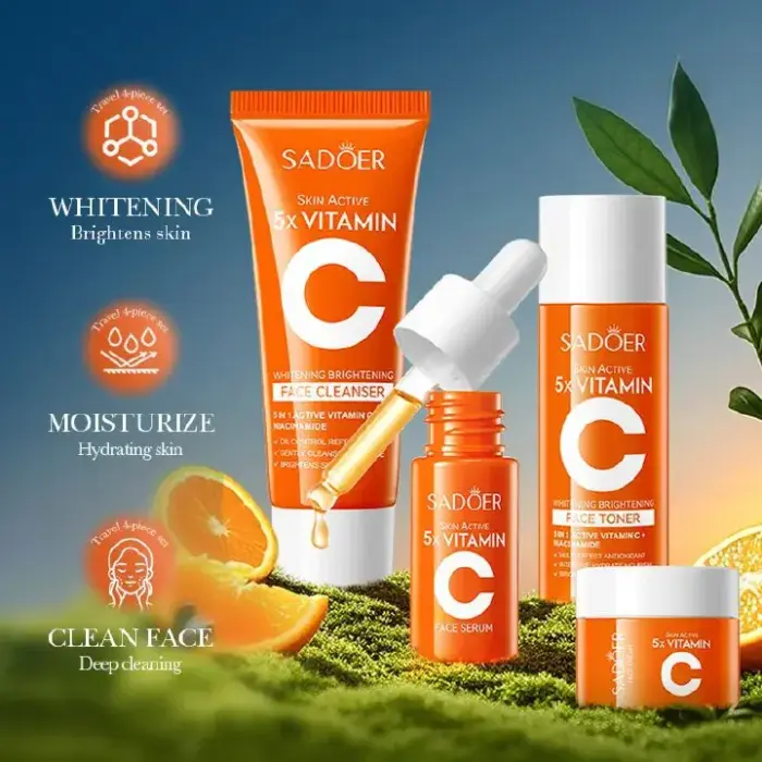 4Pcs SADOER 5x Vitamin C Skincare Travel Set for travelling, With Facial Cleanser, Toner, Serum, & Face Cream, Moisturizing Face Skin Care Kit for Anti-Aging, Anti-Wrinkle, whitening Brightening 5